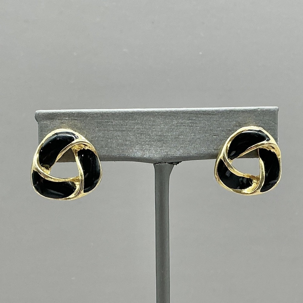 Earrings Gold Tone Black Enamel Round Knot Stud Womens Fashion Statement Jewelry